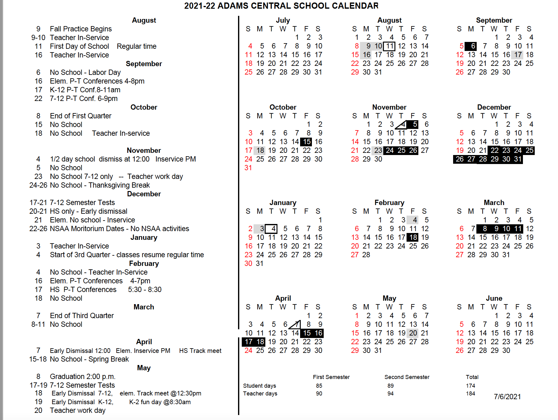 2021-22 Adams Central School Calendar - Adams Central Public Schools